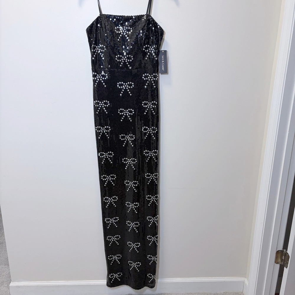 Seni & Cade Black Sequin Rhinestone Bow Maxi Dress Spaghetti Strap Size XS NWT
